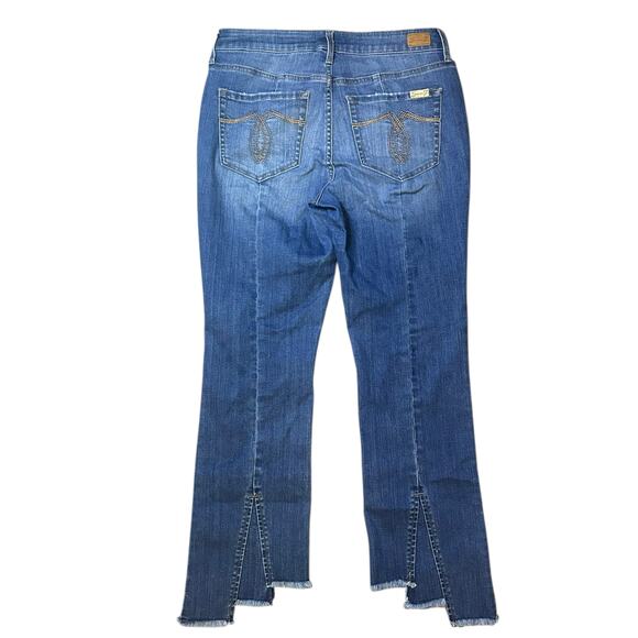 7 For All Mankind Women’s Mid Rise Flare Jeans Size 6 Blue Raw Hem Split Leg - Picture 5 of 6